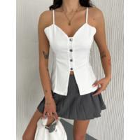 Askılı Dekolte Deraylı Bluz Crop - Beyaz