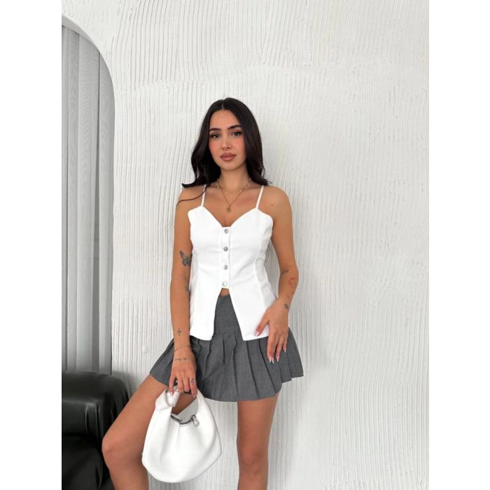 Askılı Dekolte Deraylı Bluz Crop - Beyaz