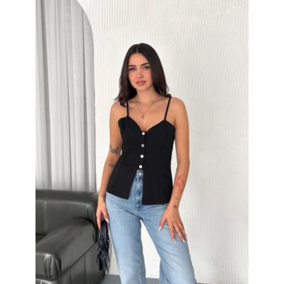 Askılı Dekolte Deraylı Bluz Crop - Siyah