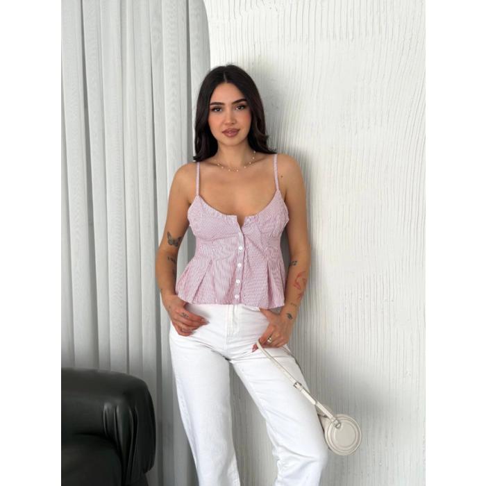 Askılı Dekolte Deraylı Crop - Kırmızı