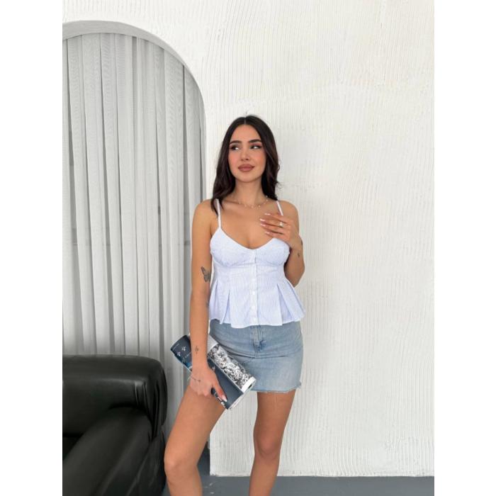 Askılı Dekolte Deraylı Crop - Açık Mavi