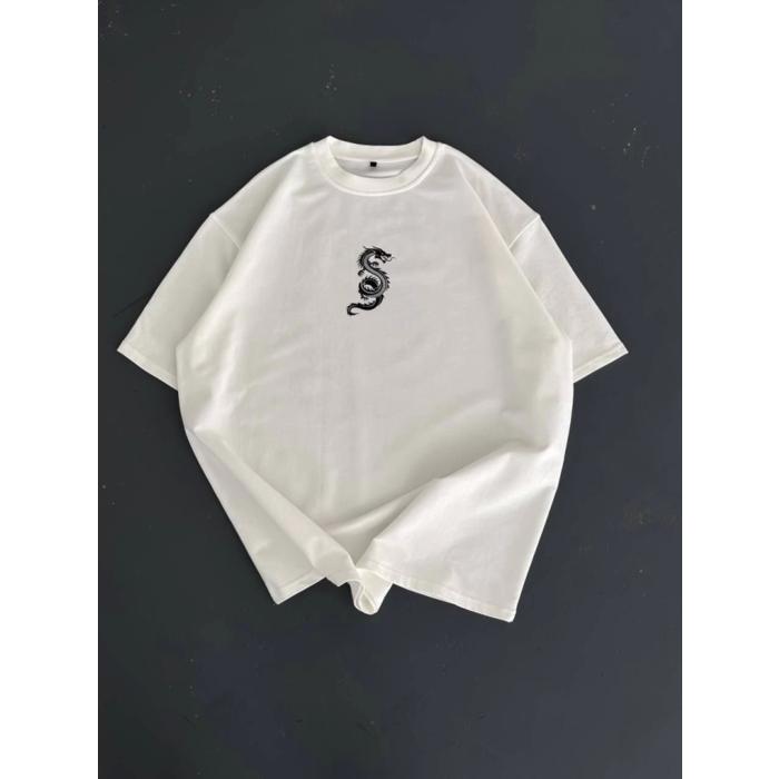 Baskılı Oversize Bisiklet Yaka T-shirt - Beyaz