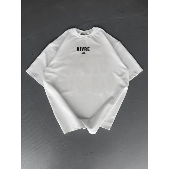 Baskılı Oversize Bisiklet Yaka T-shirt - Beyaz