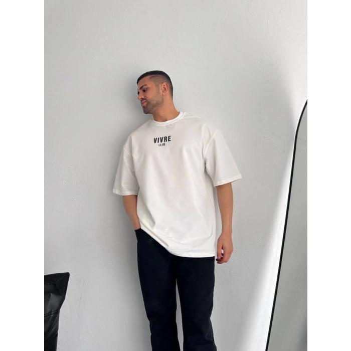 Baskılı Oversize Bisiklet Yaka T-shirt - Beyaz