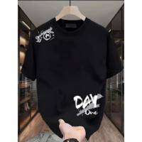 Baskılı Oversize Bisiklet Yaka T-shirt - Siyah