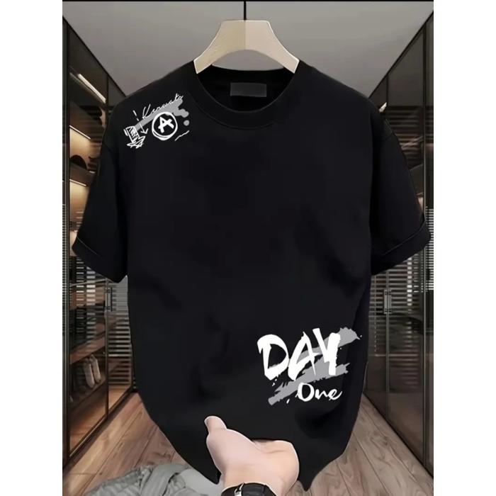 Baskılı Oversize Bisiklet Yaka T-shirt - Siyah