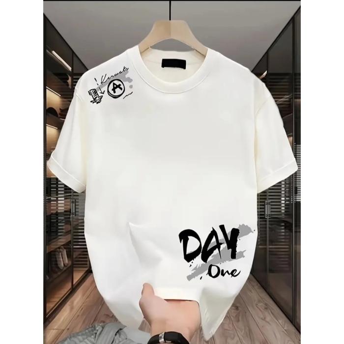 Baskılı Oversize Bisiklet Yaka T-shirt - Beyaz