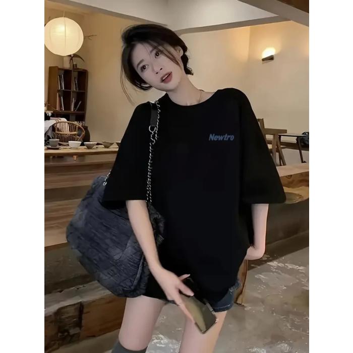 Baskılı Oversize Bisiklet Yaka T-shirt - Siyah