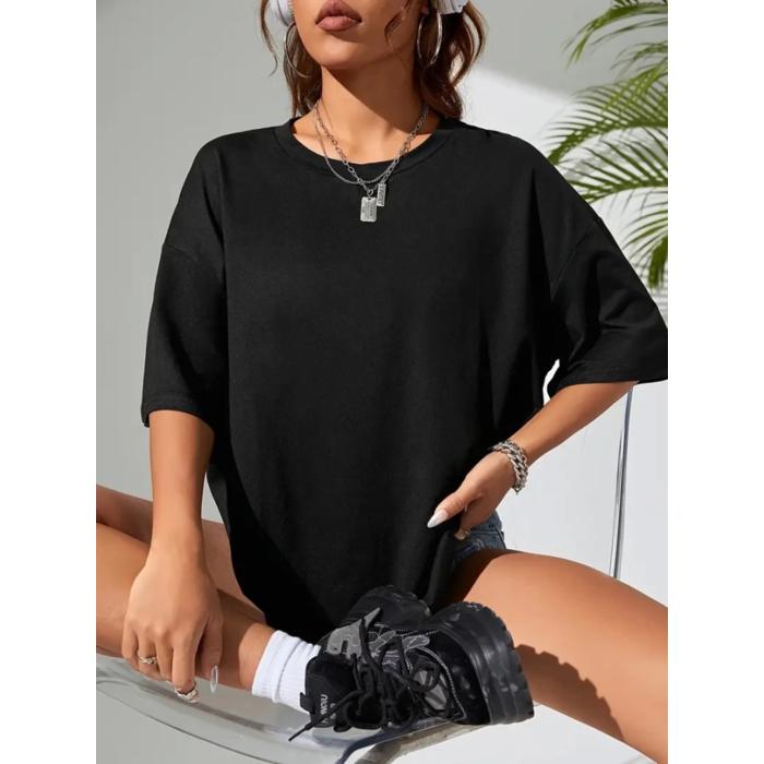 Baskılı Oversize Bisiklet Yaka T-shirt - Siyah