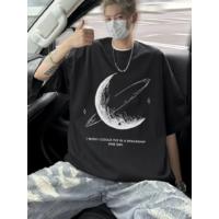 Baskılı Oversize Bisiklet Yaka T-shirt - Siyah