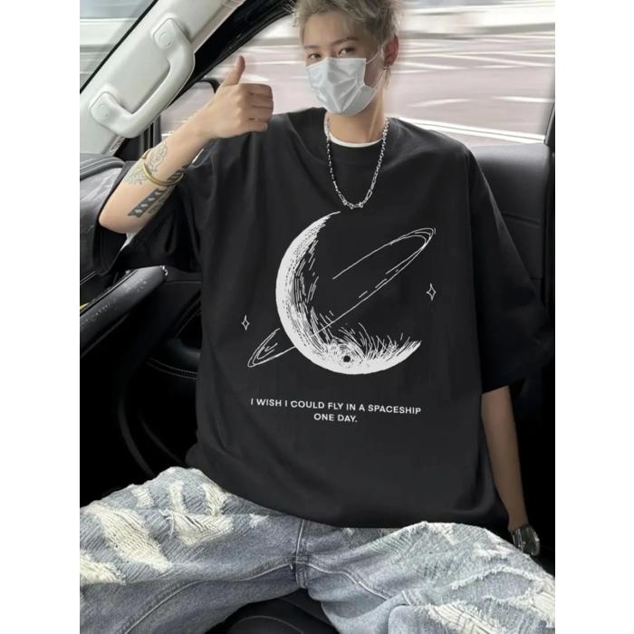 Baskılı Oversize Bisiklet Yaka T-shirt - Siyah