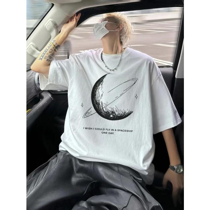 Baskılı Oversize Bisiklet Yaka T-shirt - Beyaz