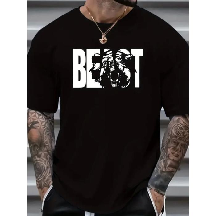 Baskılı Oversize Bisiklet Yaka T-shirt - Siyah