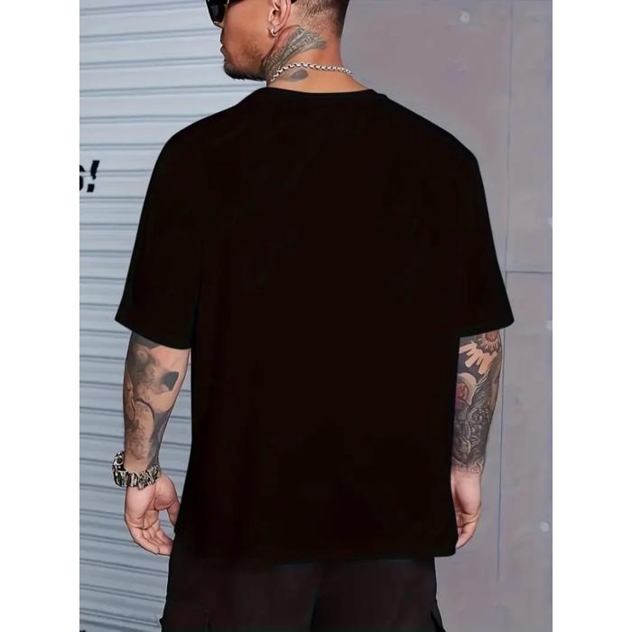 Baskılı Oversize Bisiklet Yaka T-shirt - Siyah