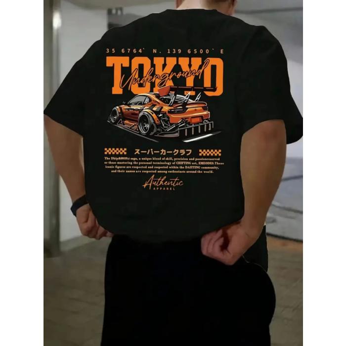 Baskılı Oversize Bisiklet Yaka T-shirt - Siyah