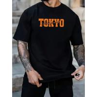 Baskılı Oversize Bisiklet Yaka T-shirt - Siyah