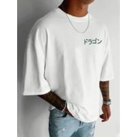 Baskılı Oversize Bisiklet Yaka T-shirt - Beyaz