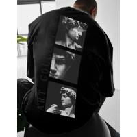 Baskılı Oversize Bisiklet Yaka T-shirt - Siyah