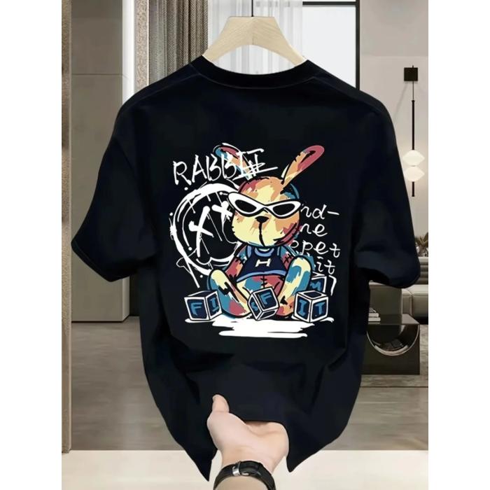 Baskılı Oversize Bisiklet Yaka T-shirt - Siyah