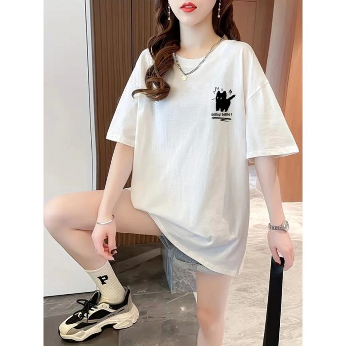 Baskılı Oversize Bisiklet Yaka T-shirt - Beyaz