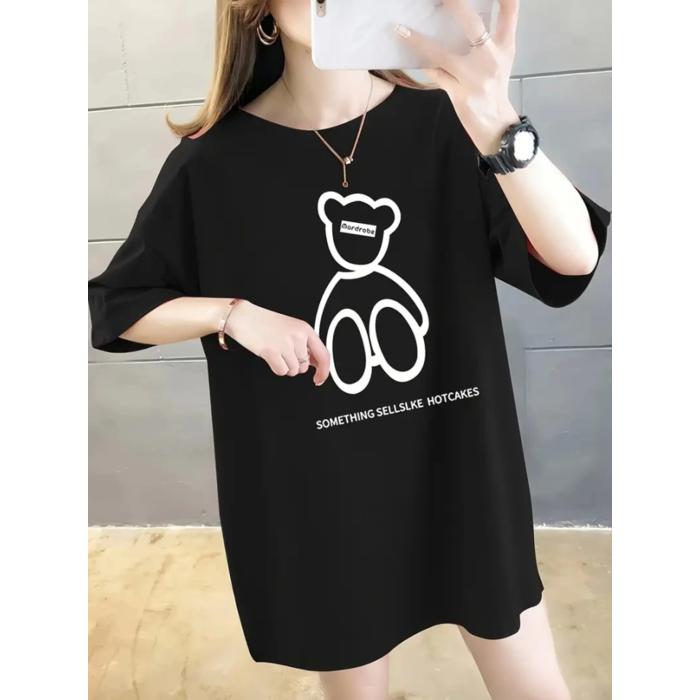 Baskılı Oversize Bisiklet Yaka T-shirt - Siyah