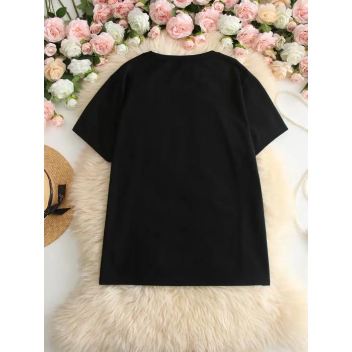 Baskılı Oversize Bisiklet Yaka T-shirt - Siyah