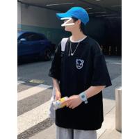 Baskılı Oversize Bisiklet Yaka T-shirt - Siyah