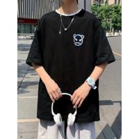 Baskılı Oversize Bisiklet Yaka T-shirt - Siyah