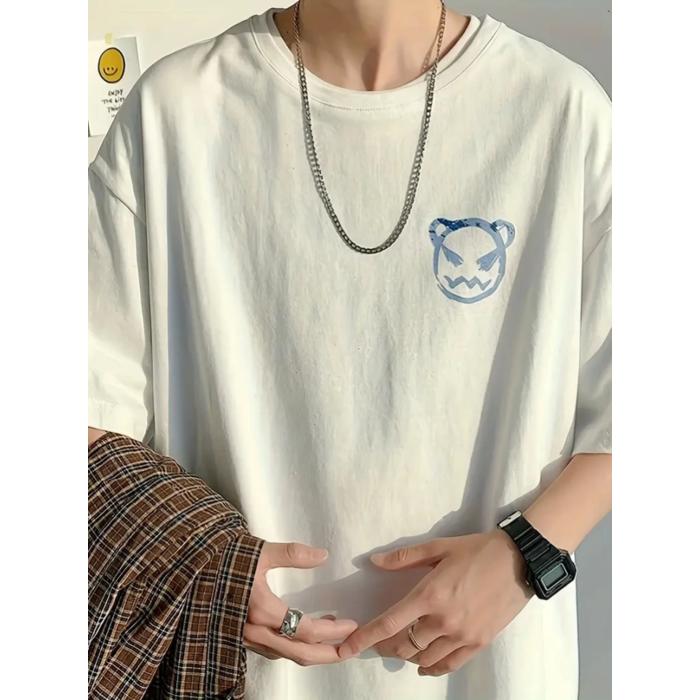 Baskılı Oversize Bisiklet Yaka T-shirt - Beyaz