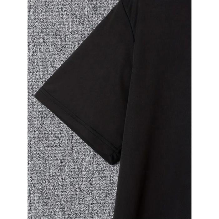 Baskılı Oversize Bisiklet Yaka T-shirt - Siyah