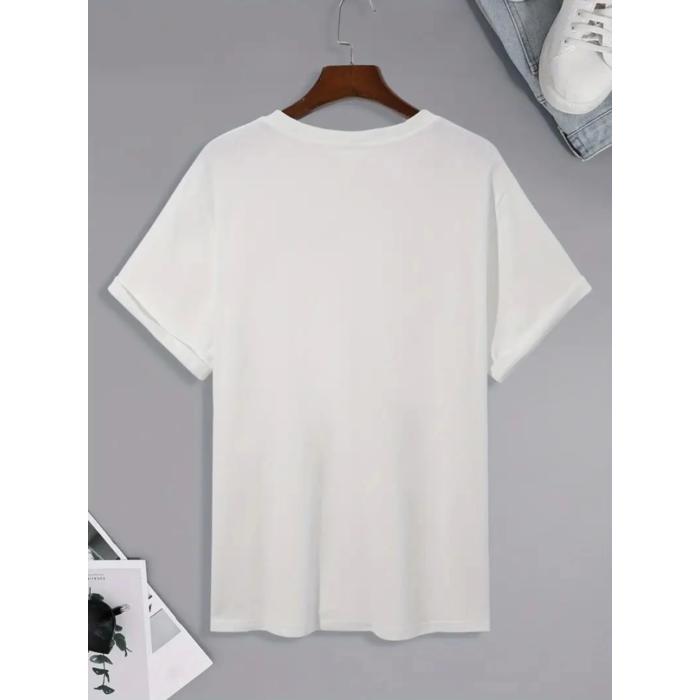 Baskılı Oversize Bisiklet Yaka T-shirt - Beyaz