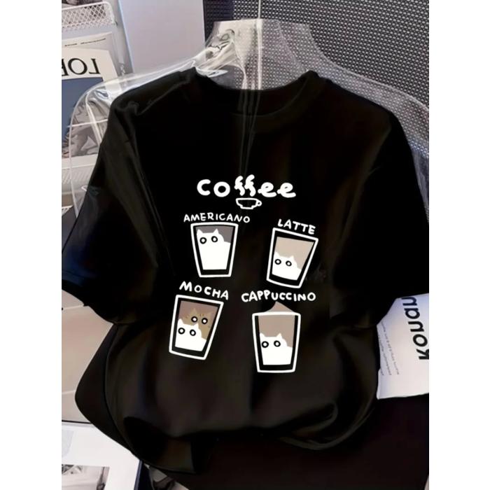 Baskılı Oversize Bisiklet Yaka T-shirt - Siyah