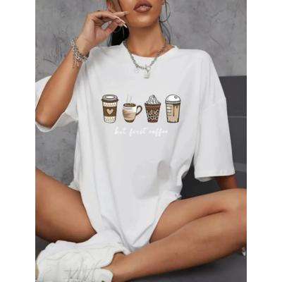 Baskılı Oversize Bisiklet Yaka T-shirt - Beyaz