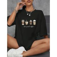Baskılı Oversize Bisiklet Yaka T-shirt - Siyah