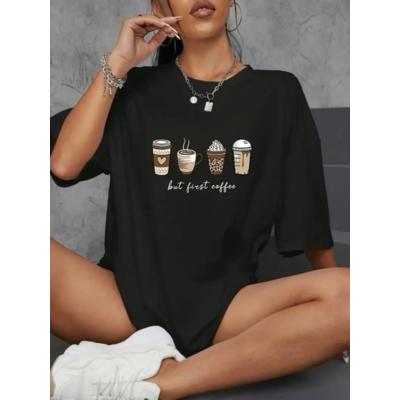 Baskılı Oversize Bisiklet Yaka T-shirt - Siyah