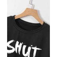 Baskılı Oversize Bisiklet Yaka T-shirt - Siyah