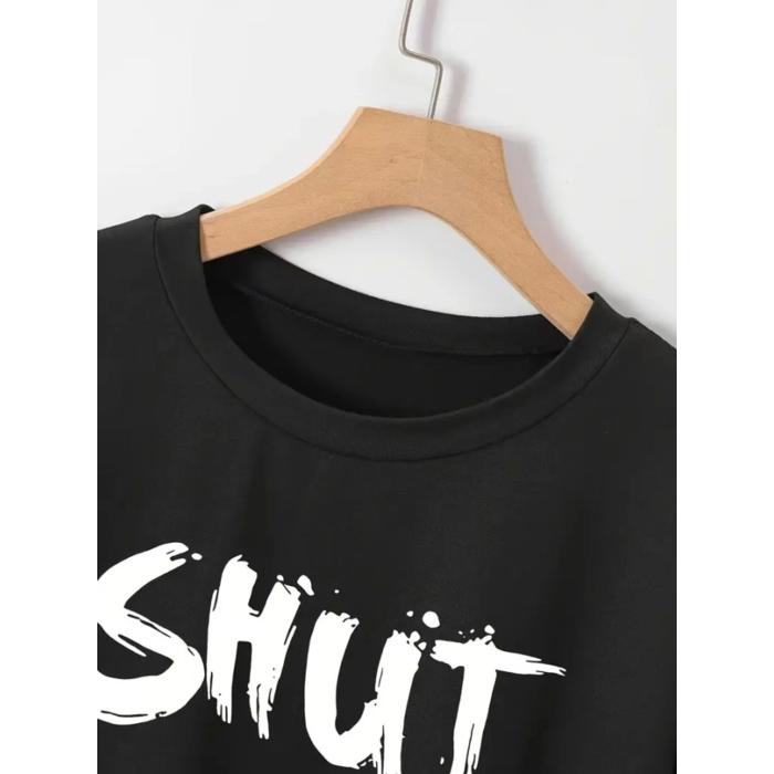 Baskılı Oversize Bisiklet Yaka T-shirt - Siyah