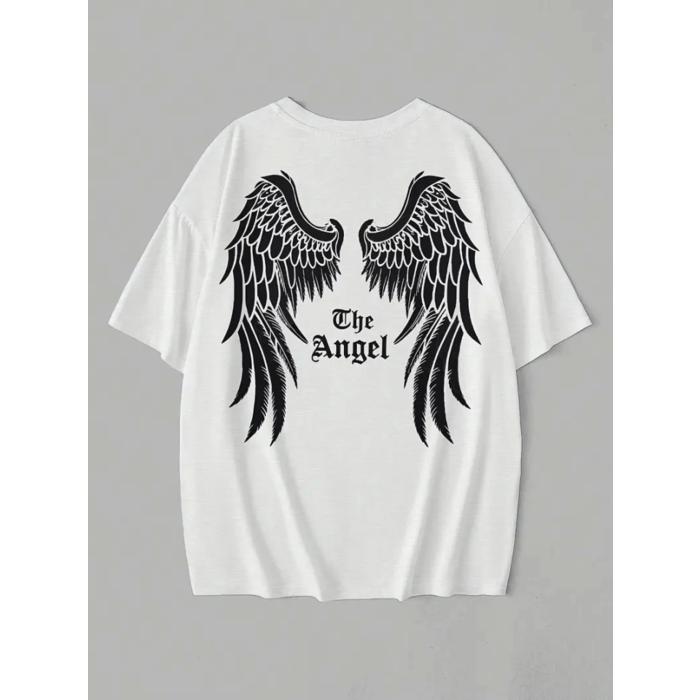 Baskılı Oversize Bisiklet Yaka T-shirt - Beyaz