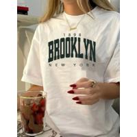 Baskılı Oversize Bisiklet Yaka T-shirt - Beyaz
