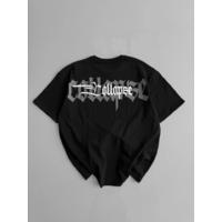 Baskılı Oversize Bisiklet Yaka T-shirt - Siyah