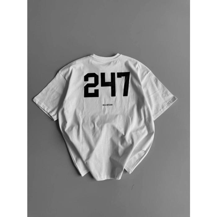 Baskılı Oversize Bisiklet Yaka T-shirt - Beyaz