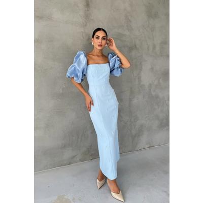 Bebe Mavi İşlemeli Kolu Garnili Elbise