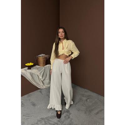 Bej Paçası Fırfırlı Keten Pantolon