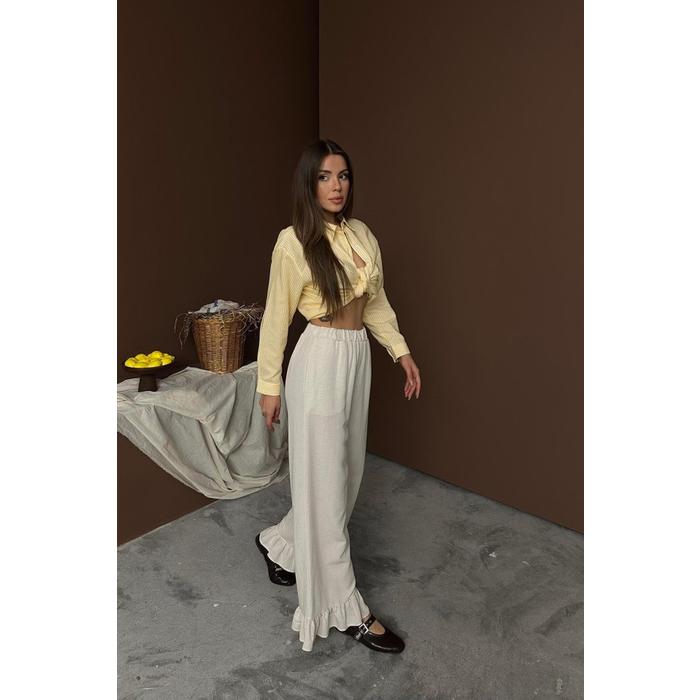 Bej Paçası Fırfırlı Keten Pantolon