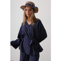 Beli Bağlamalı Tunik Ve Beli Bağlamalı Pantolon Takım - Lacivert