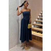 Beli Pileli Straplez Denim Elbise 2886