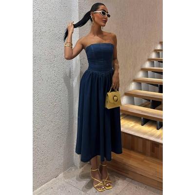 Beli Pileli Straplez Denim Elbise 2886