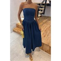 Beli Pileli Straplez Denim Elbise 2886
