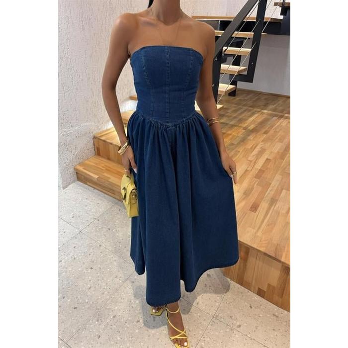 Beli Pileli Straplez Denim Elbise 2886
