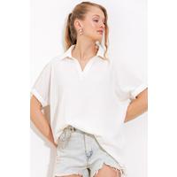 Beyaz Oversize Polo Yaka Örme Bluz 0486